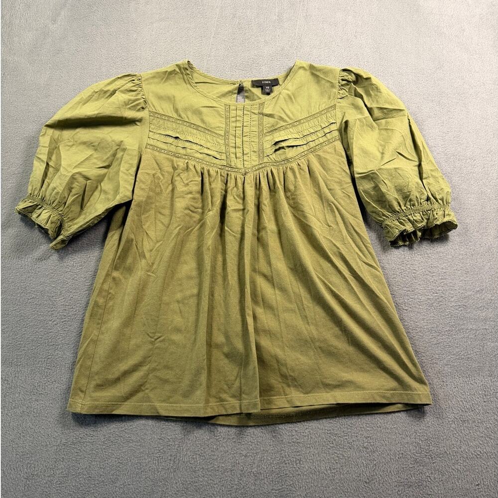 J. Crew Womens XS Olive Green Pintuck Lace Puff Sleeve Babydoll Blouse Top